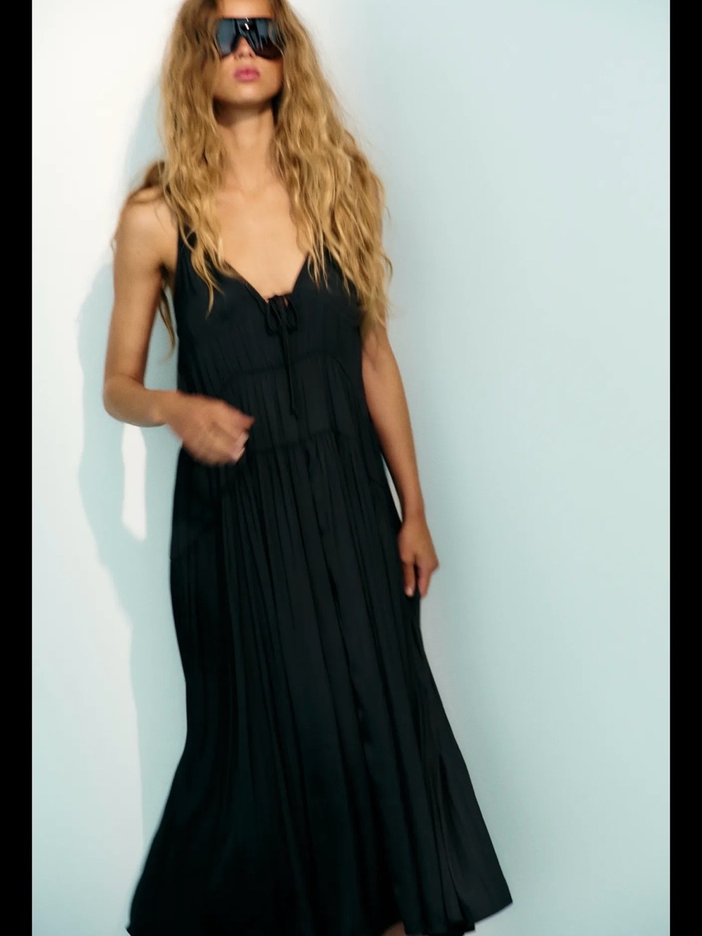 Zara Black satin Sleeveless Tie-Front Maxi Dress